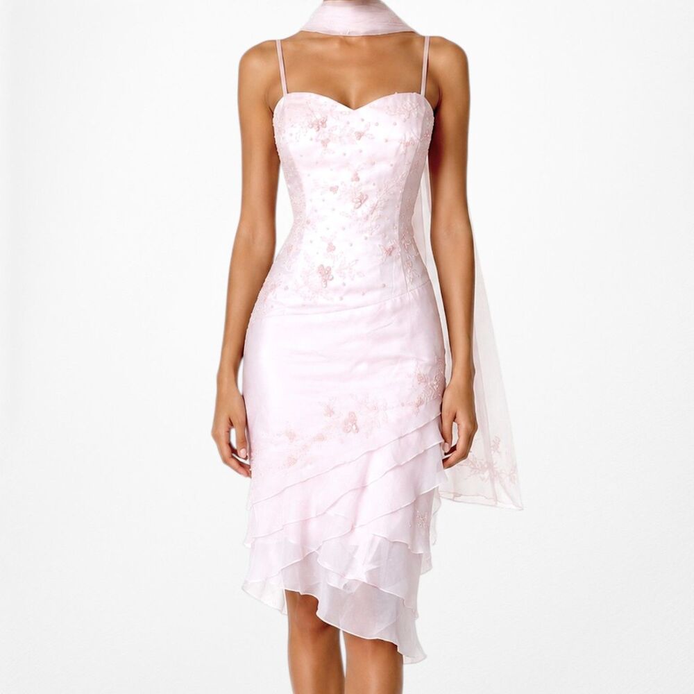 Vintage Y2K Pastel Pink Floral Beaded Knee Length Bodycon Prom Dress Size XL/XXL